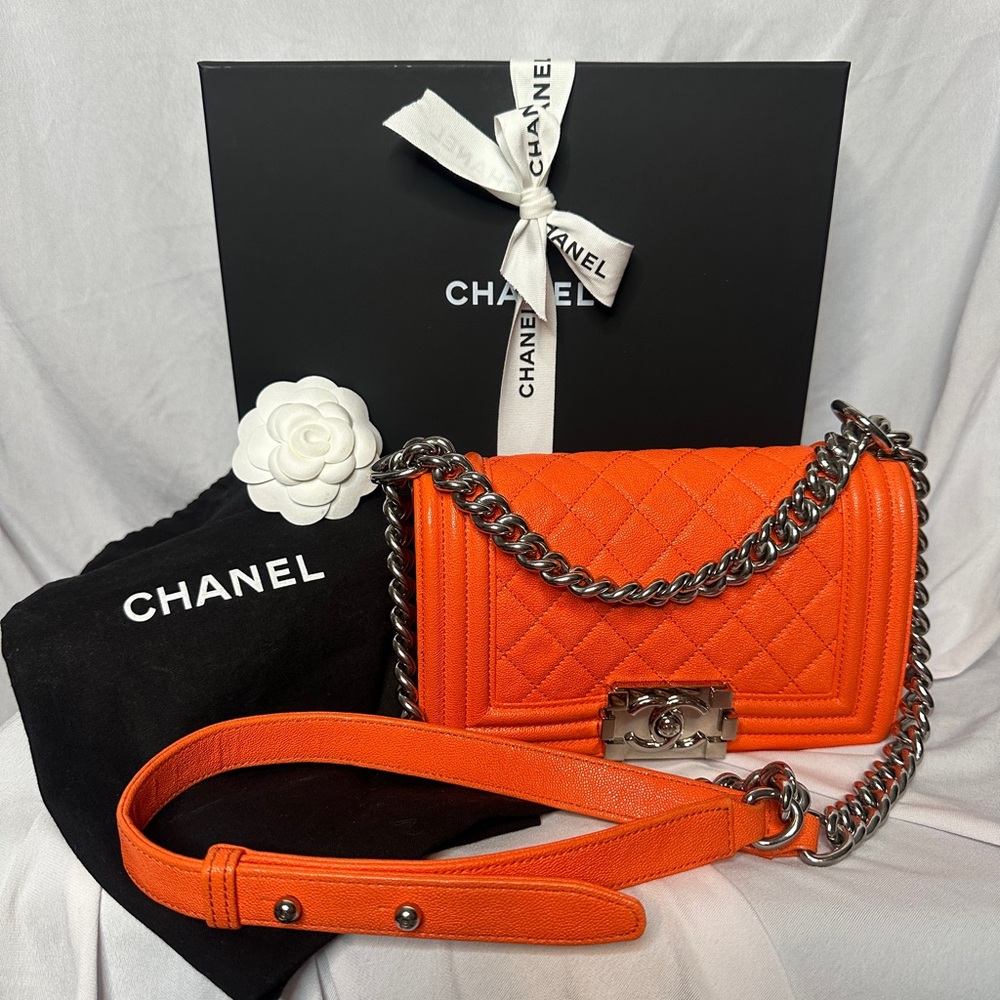 CHANEL  Orange Quilted Lambskin Small Boy Bag.